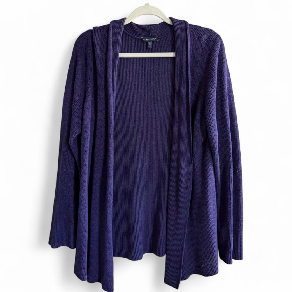 Eileen Fisher Purple Open-Front Ribbed Cardigan Sweater